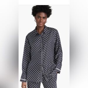 La Ligne Val Button Down Silk Shirt Navy Polka Dot Stripe Small